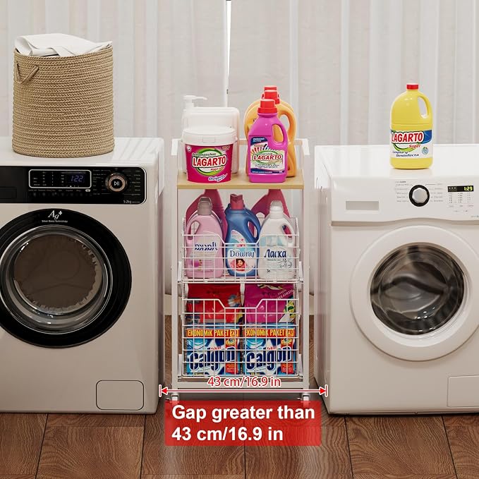 Hongtamoya 3 Tier Laundry Room Cart with Pull-Out Baskets, Storage Cart with Wheels, Rolling Cart with Wood Top Metal Bathroom Laundry Room Organization Mobile Shelf Unit Organizer Trolley, White - Image 2