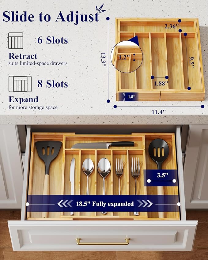 Kitsure Silverware Organizer, Bamboo Kitchen Drawer Tray, Natural, Large | Expandable Drawer Kitchen Organizer, Cooking Utensils & Cutlery, Sturdy & Thickened Design, Storage Solution - Image 3