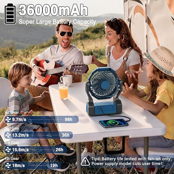 XZK 36000mAh Rechargeable Camping Fan, Battery Powered Portable Travel Fan | 98H Runtime, LED Light, Quiet Desk Fans for Indoor,Outdoor,Fishing,Jobsite & Hurricane Emergency, Gifts for Men Dad Him - Image 2