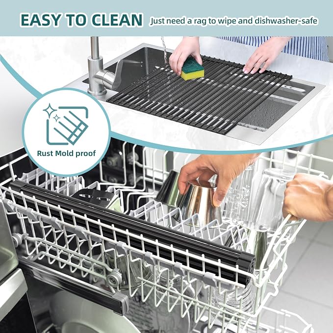 Ohuhu Over The Sink Dish Drainer Drying Rack, 17.6" W x 15.4" L Roll Up Dish Racks Kitchen Sink Organizer Silicone Wrapped Large in Sink Dish Drying Rack Foldable Rolling Drain Mats Anti-Slip - Image 8