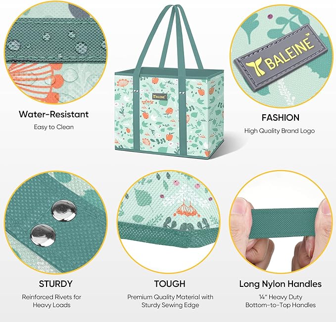 BALEINE 3PK Reusable Grocery Bags, Heavy Duty Shopping Tote Bag | 12'' Long Handles, Reinforced Bottom Keeps Upright, Fold Flat Storage, Water-Resistant Shopping Bag, Multiple Color Options - Image 4