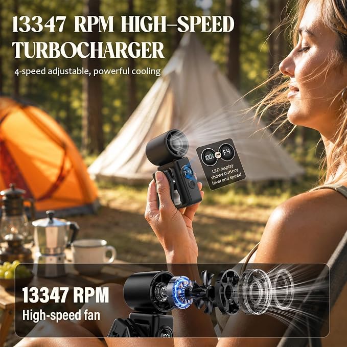 Portable Handheld Fan, Mini Clip On Fan with 4 Speeds, 0.26lb mini fan | Type C Fast Charging, Power Display, Handheld & Clip-On Dual Mode, 0.26lb Personal Fan for Travel, Office, Outdoor, Stroller - Image 3