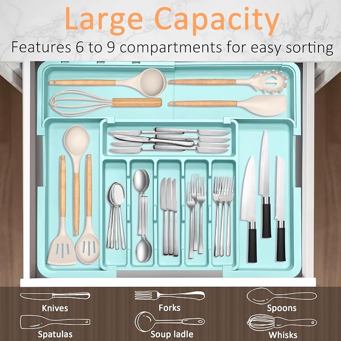 Silverware Organizer Expandable Kitchen Utensil Drawer Organizer Large BPA Free Adjustable Cutlery Silverware Tray for Spoons Forks Knives Storage Divider for Kitchen Flatware 6-9 Slots Turquoise - Image 3