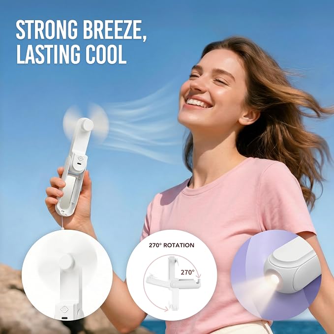 3-in-1 Portable Handheld Fan with Mirror & Flashlight - Mini Personal Fan, 22H Cooling, USB Rechargeable Travel Fan for Women, Makeup, Concerts & Summer (White) - Image 2
