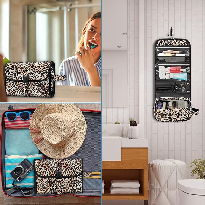 FINTIE Portable Toiletry Cosmetic Travel Bag Hanging Makeup Organizer | Large Water Resistant Storage Pouch Case, For Women Girls, Leopard - Image 6