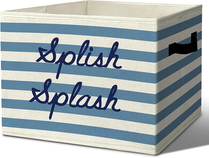 Boho Bath Time Affirmation Storage Bins Box with Handles Organizer Basket | cheerful calming foldable basket for organizing, blue striped collapsible toys clothes for playroom nursery bedroom, 10x14 in by Unknown