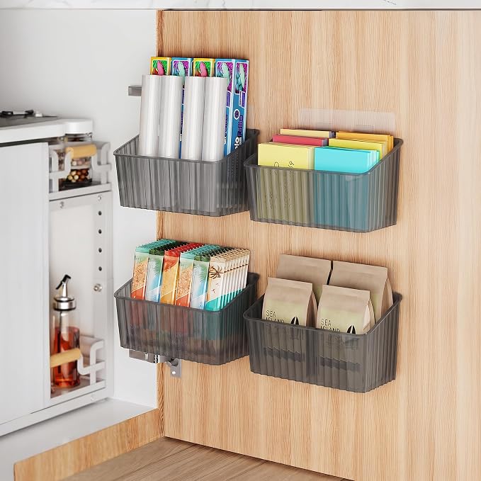NiHome 4-Pack Cabinet Door Organizer, Adhesive RV Camper Wall Storage Caddy | No-Drill Plastic Bin With Drain Holes For Kitchen Bathroom Pantry Organization, Space Saving Small Item Holder, Medium, Gray - Image 2