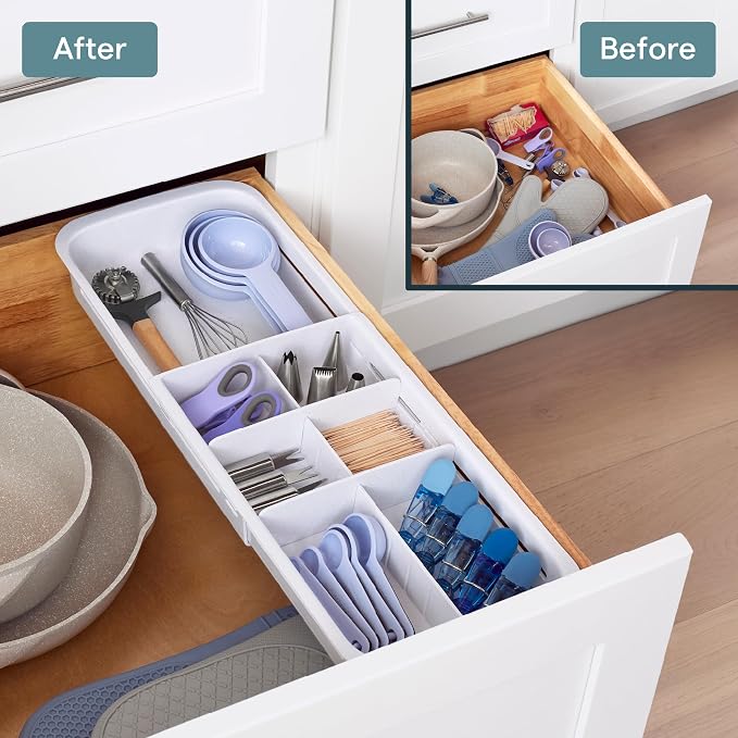 YouCopia DrawerFit Sliding Drawer Tray with Adjustable Dividers, Expandable Kitchen Storage Organizer, Speckled White - Image 6