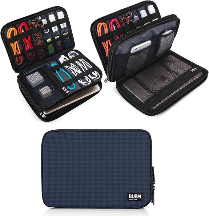 BUBM Double Layer Electronic Accessories Organizer, Travel Gear Bag for Cables, USB Flash Drive, Plug and More, Perfect Size Fits for iPad Mini (Medium, Dark Blue) | Travel Gadget Bag for Cables, USB Flash Drive, Plug and More, Perfect Size Fits for iP... by BUBM