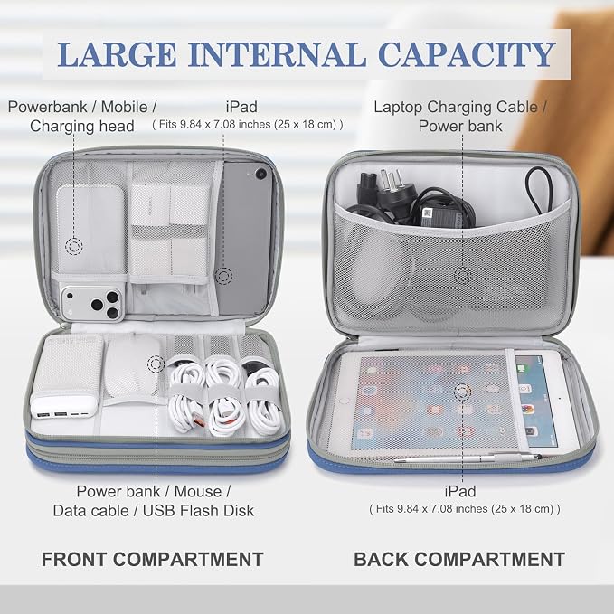 FYY Electronic Organizer, Travel Tech Pouch Bag, Extra Large, Blue Quilted | Wrist Strap, Waterproof, Double Layers Electronics Travel Case for iPad, Cord, Laptop Charger, Daily and Business Trips Use - Image 3