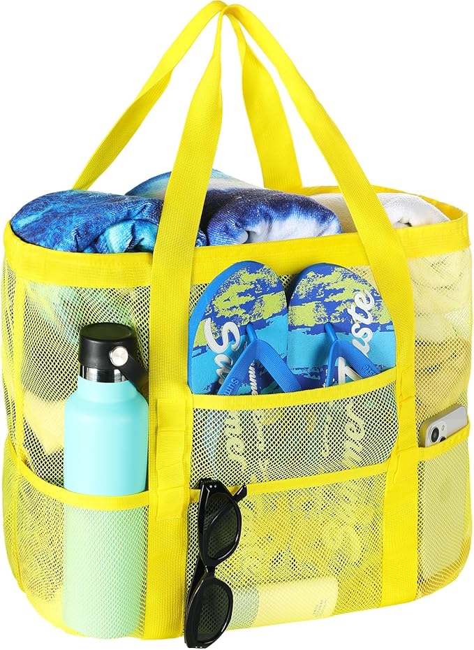 Tavaleu Mesh Beach Bag, Large Capacity Beach Tote, Multi Pockets, Sandproof | Mesh Material, Multiple Storage Pockets, Lightweight & Foldable Design, For Beach & Pool Use, Easy to Clean & Quick Dry by Tavaleu