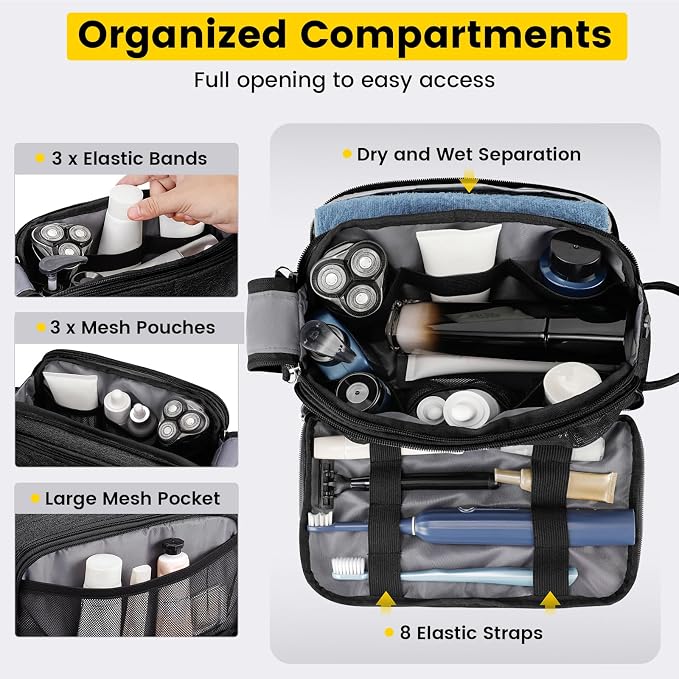 Vorspack Travel Toiletry Bag with Organized Compartment, Medium, Black | Water Resistant, Wide Opening, with Wet Pocket, Small Travel Bag for Toiletries, Grooming, Shaving, Accessories - Image 3