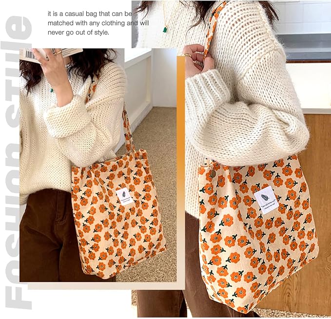 LHMTQVK Corduroy Tote Bags for Women, Large Capacity Tote Purse Reusable Grocery Shoulder Bag with Inner Pockets - Image 6