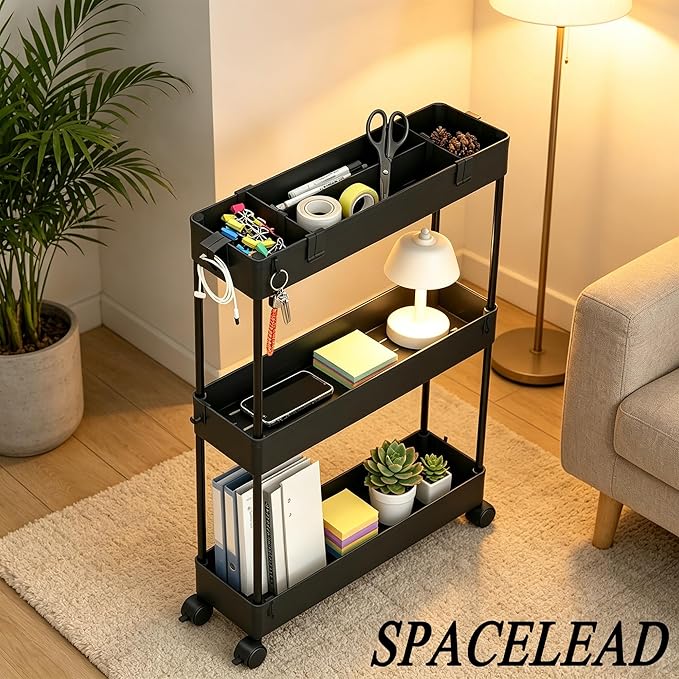 Slim Storage Cart 3 Tier,Bathroom Organizer Rolling Utility,Mobile Shelving Unit Slide Out for Office, Kitchen, Laundry Room & Narrow Places,Black - Image 4