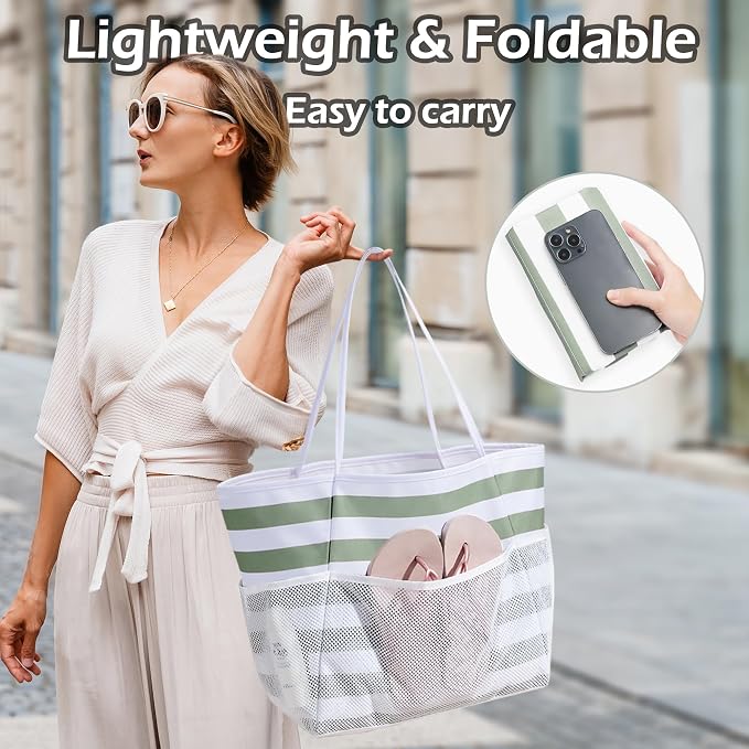 KALIDI Beach Tote Bag Women Large Waterproof Sandproof Shoulder Handbags | Foldable Grocery Bag Striped Pool Bag Lightweight Travel Purse for Picnic Travel Vacation Casual Errands Everyday Daily - Image 5