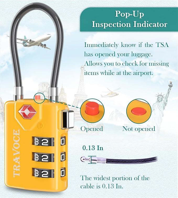 TSA Approved Luggage Locks, Combination Cable Locks, 4 Pack, Yellow | Search Alert shows TSA key access; resettable 3-digit code and flexible braided steel cable for suitcases and backpacks. - Image 6