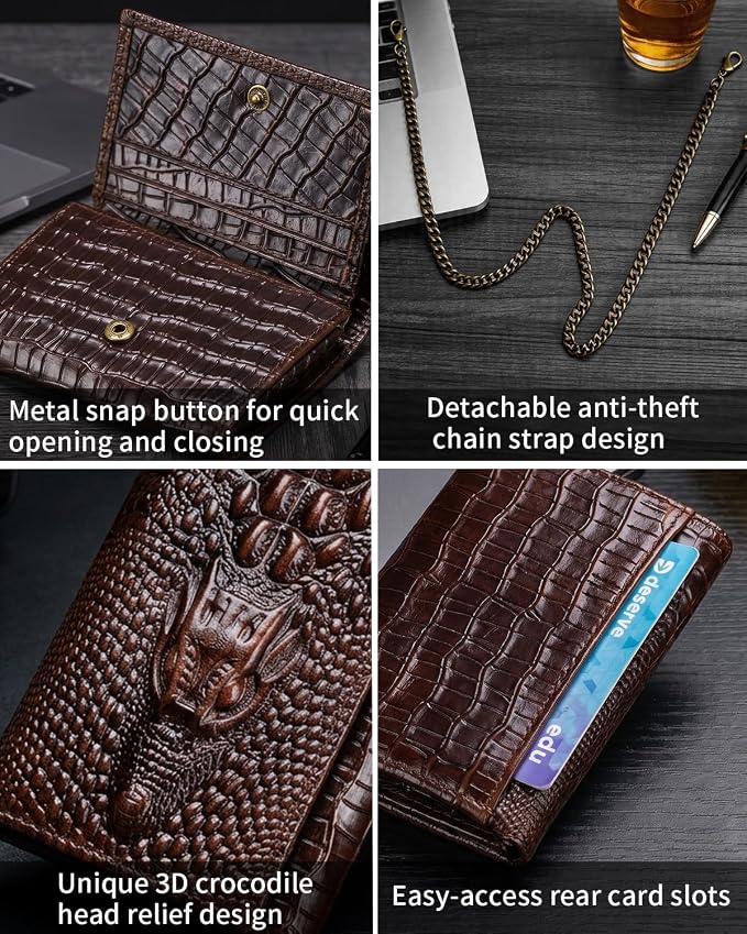 STEELLION Men's Trifold Wallet, Cowhide, 13 Card Slots, ID Window, RFID | Croc-embossed cowhide with a removable chain; practical organization for office, travel, and everyday carry (Coffee) - Image 7