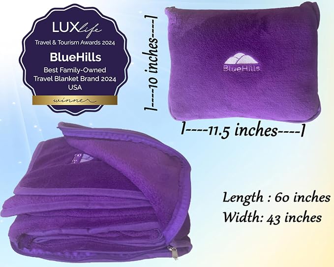 BlueHills Premium Soft Travel Blanket Plush Airplane Long Flights - Purple | Plane Travel Throw Blanket/Pillow, Luggage Strap, Carabiner, Large Compact & Portable, Long Flight Essentials, Travel Gifts - Image 5