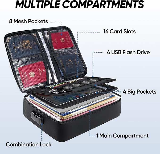 BALEINE Fireproof Document Box with Lock, Portable Fireproof Document Bag Waterproof Fire Proof File Boxes for Documents, File Organizer Box for Important Paperwork (Black, 15''x11''x4'') - Image 3