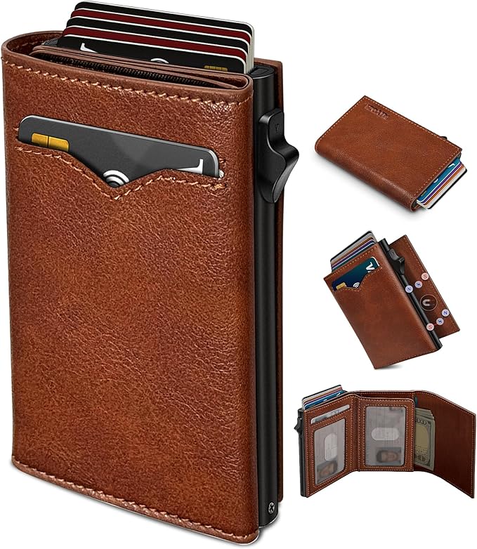 Wallet for Men,with Cash Pocket 2 ID Window 9-13 Cards,Metal Case Smart Slim Pop Up Credit Card Holder Flip with Magnetic Closure RFID Blocking Trifold wallet with Gift Box by Miyozi