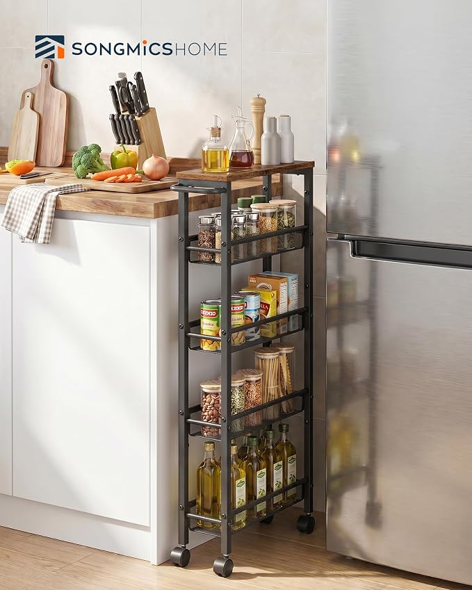 SONGMICS HOME Slim Rolling Cart, 5-Tier Storage Cart with Wheels and Handle, Narrow Utility Cart for Kitchen, Living Room, Brown and Black - Image 2