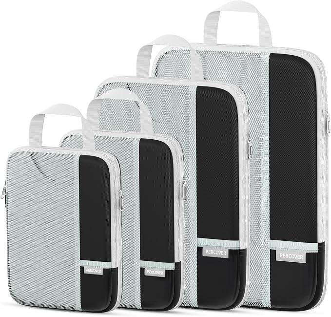 Percover Compression Packing Cubes for Travel, 4-Piece Structured Compression Organizer Set with Label Pockets for Carry-On & Checked Luggage, Black by Unknown