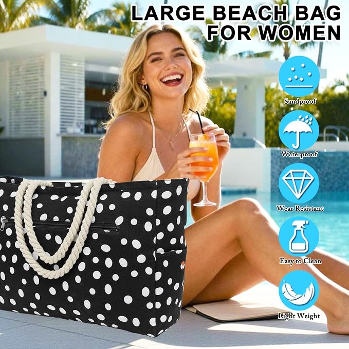 Fammart Beach Bags Waterproof Sandproof for Women, Large Canvas Pool Bag with Leakproof Wet Pocket & Zipper Cruise Essentials - Image 2