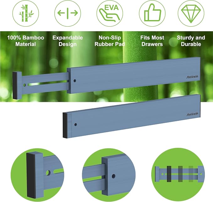 Bamboo Drawer Dividers, Expandable Drawer Separators Splitter,17-22 inches Long Adjustable Spring-loaded Organizer for Large Utensil, Clothes, Tools Drawers (Blue) - Image 6