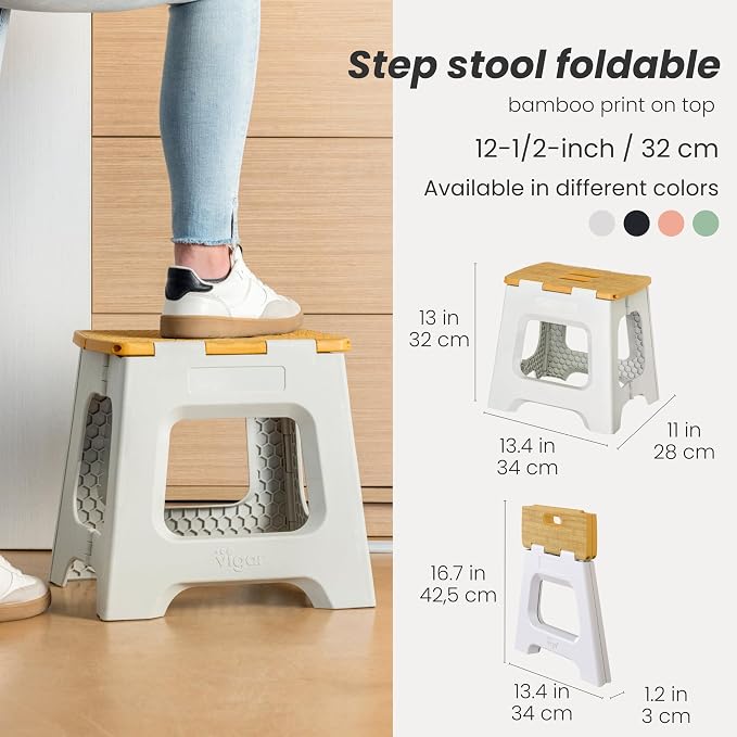Vigar Compact Folding Step Stool, 12-1/2 in, Gray Bamboo Print | 12-1/2 in Foldable Stool, Lightweight Portable Design, Handle, Non Slip Surface, Space-Saving, Supports up to 330 lb - Image 2