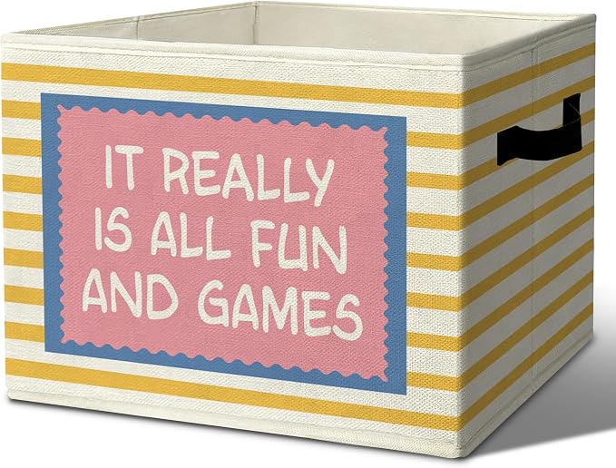 Playroom Positive Uplifting Storage Bins Box with Handles Organizer Basket | encouraging foldable basket for organizing, yellow striped collapsible toys clothes for playroom nursery bedroom, 10x14 in by Unknown