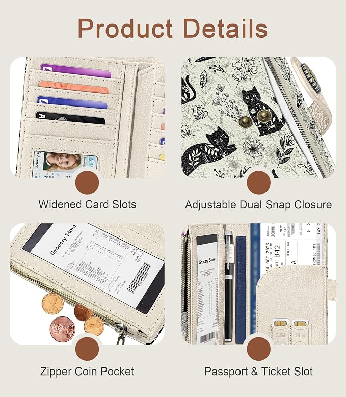 Black Cat Wallet Women RFID, Passport Holder, Credit Card Holder | 6.7" x 4.4" x 1.3" Bifold, Travel billfold, Zipper Pocket, PU Leather, Clutch, Purse, ID Window, Pen Holder, Gift Ladies Girl - Image 6