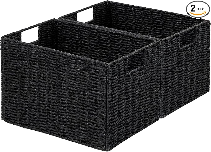 Wicker Storage Basket, Set of 2 Hand-Woven Paper Rope Wicker Basket, Small Storage Baskets for Organizing Toilet Paper Basket, Foldable Large Cube Storage Organizer Bins for Shelves (Black) by Vagusicc