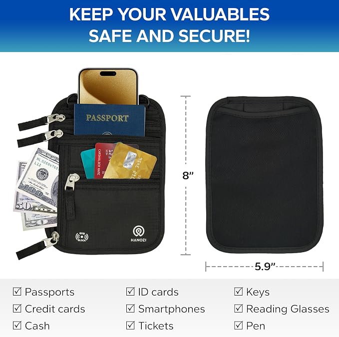 Neck Wallet – Travel Pouch and RFID Blocking Passport Holder for Women and Men, Easy to Conceal Passport Wallet, Slim Travel Wallet to Keep Your Cash, Passport, Cards and Documents Safe (Black) - Image 2