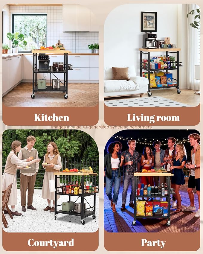 Mythinglogic Foldable Kitchen Cart with Wheels, Rolling Kitchen Island with Wood Top, 3-Tier Microwave Stand Coffee Bar Cart with Side Storage Rack, Black - Image 5
