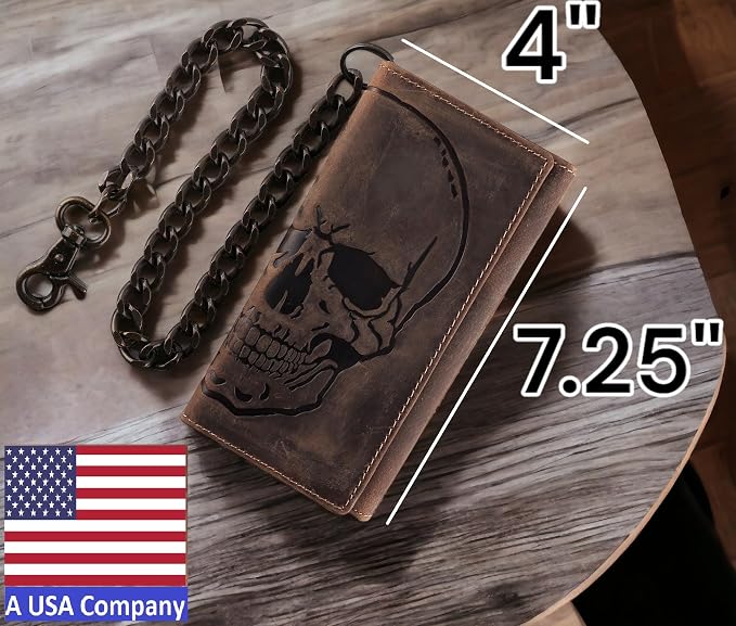 F&L CLASSIC RFID Blocking Mens Tri-fold Long Style Cowhide Leather Steel Chain Wallet,brown distress with skull,212-70 - Image 3