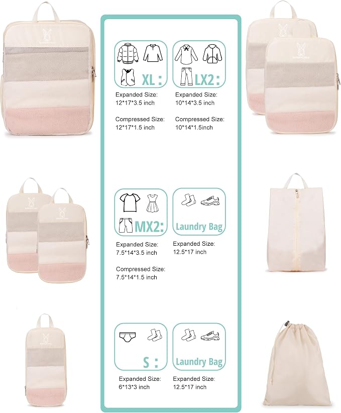 6/8 Set Space Saving Compression Packing Cubes Lightweight Packing Cube | Expandable Space-Saving Compression Cubes 6 Set Lightweight Travel Luggage Packing Cubes Organizer Essentials Smooth Zippers - Image 5