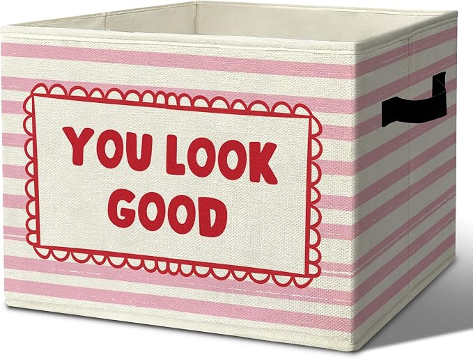Positive Affirmation Nursery Storage Bins Box with Handles Organizer Basket | encouraging heartfelt foldable basket for organizing, stripe collapsible toy clothes for playroom classroom bedroom, 10x14 in by Unknown