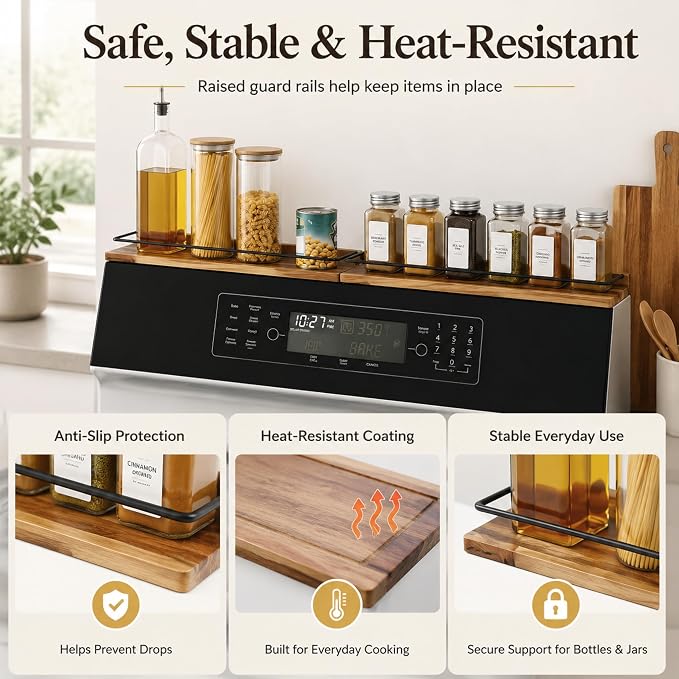 2-Piece 30" Magnetic Acacia Wood Stove Top Shelf for Gas/Electric | Strong magnetic hold, heat-resistant acacia, no-drill setup, fits gas/electric, easy-clean, holds heavy jars securely - Image 7