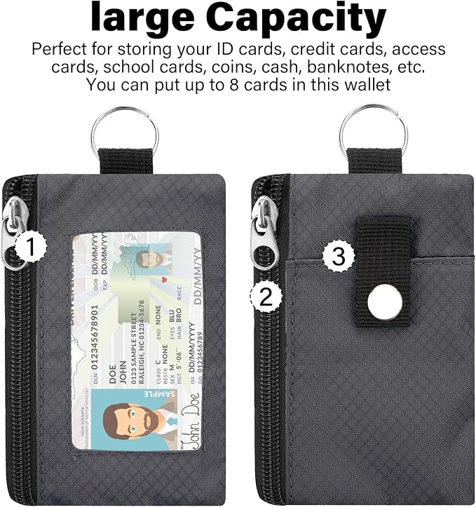 Minimalist RFID Blocking Wallet with 2 Zip Pockets and Lanyard, Water Resistant ID Case with Key Ring and Cards Badge Holder, Coin Purse Pouch for Men and Women Travel Sports -GRAY - Image 3