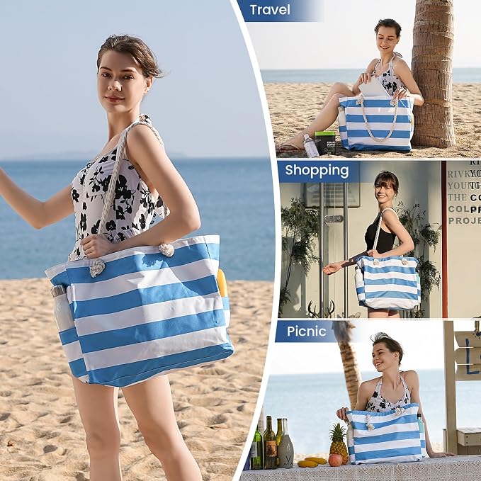 Clothirily Beach Bag for Women, Large Beach Tote Bag Waterproof with Zipper | Large Capacity Swim Pool Bag, Inner Pockets, Sandproof Foldable Beach Tote for Travel Essentials - Image 7