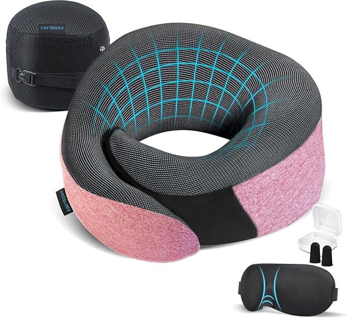 Travel Pillow, 100% Pure Memory Foam Airplane Neck Pillow, Pink | Long Flight Travel Kit with 3D Contoured Eye Masks, Earplugs and Luxury Bag, Updated Material Plane Sleeping Support by ProGlobe
