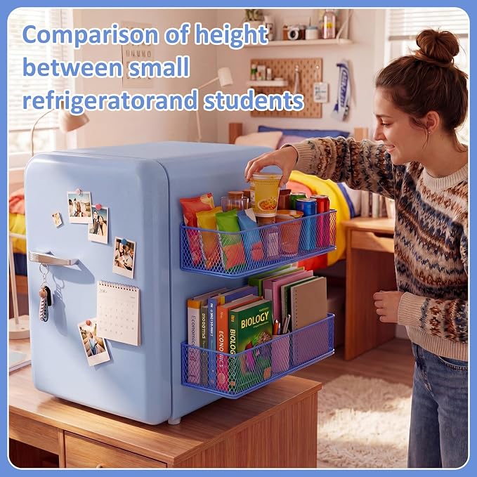 FoldTier 2 Pack Blue Magnetic Basket Dorm Mini Fridge Shelf Organizer Kitchen Storage Bin Container Spice Holder for Locker Refrigerator Pantry Dorm Essentials (13.8 x 3.1 x 4.9 Inch) - Image 5