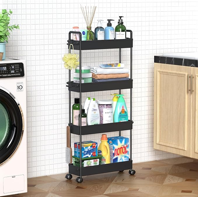 SOLEJAZZ Slim Rolling Storage Cart Skinny Bathroom Organizer, 4 Tier, Black | Thin utility cart with wheels for bathroom, laundry room, bedside, kitchen, dorm, office, next to fridge, small narrow places - Image 8