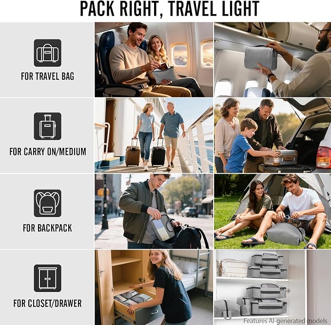 Veken 8 Set Packing Cubes for Travel Essentials,Anti-Wrinkle Buckled Suitcase Organizer for Shoe & Toiletry Bag,Carry On Luggage Bag with 99+ Count Mesh Holes for Airplane & College Dorm Accessories - Image 8