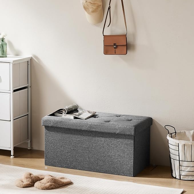 DUMOS 30 Inch Foldable Storage Ottoman Bench, Gray Ottoman with Storage | End of Bed Foot Stool with Foam Padded Seat, Linen Fabric Hidden Storage Chest for Bedroom, Living Room, Loads 660 LBS - Image 2