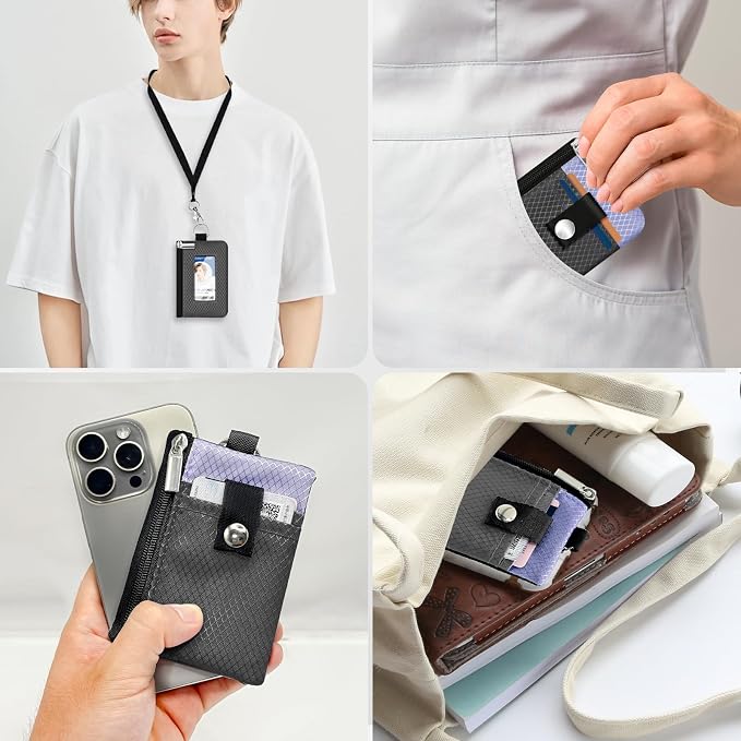 Minimalist RFID Blocking Small Wallet with ID Window,WaterResistant Zip Id Case Wallet with Lanyard Keychain for Cards,Cash,Travel,Women,Men (DarkGrey/Lavender Purple) - Image 9