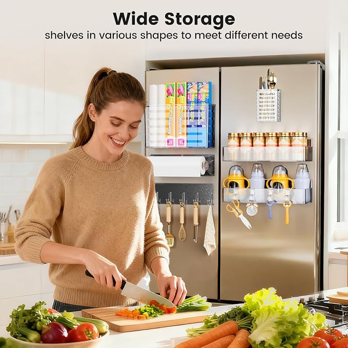 Magnetic Spice Rack for Refrigerator,6 Pack Magnetic Shelf,Fridge Magnet Organizer with Paper Towel Holder,Utensils Racks,Hook Rack,Deepened Basket,Fridge Organizers and Storage Clear(6 Pack) - Image 7