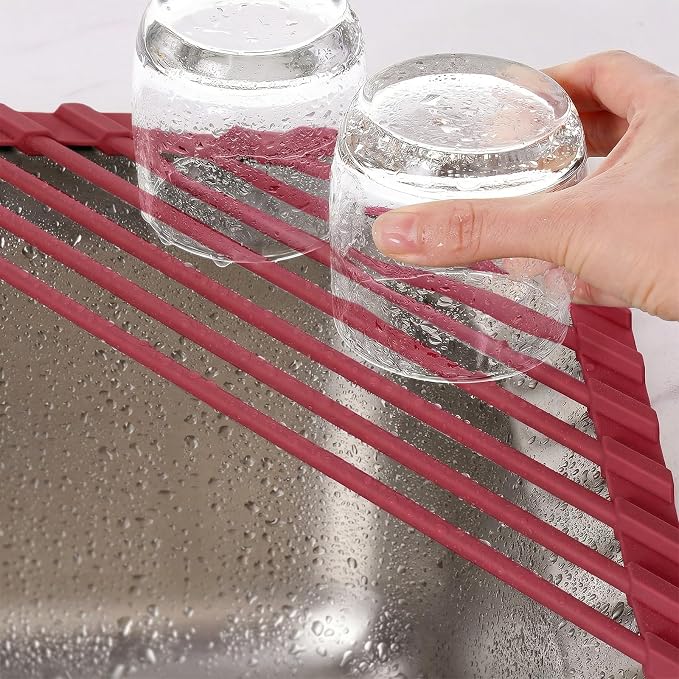 Tomorotec Roll Up Dish Drying Rack with Silicone Coating, Wine Red | 304 Stainless Steel with BPA-Free Silicone, Triangle Design Maximizes Sink Corner Space, Fits Compact Kitchens And RVs - Image 4