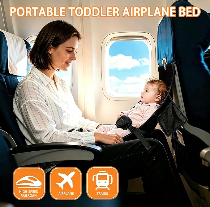 Toddler Airplane Bed, Black, Baby Travel Essentials, 31 * 17Inch | Portable Seat Extender Travel Bed for Kids, Soft Baby Travel Essentials for Flying, Long Flight Must Haves Footrest - Image 2