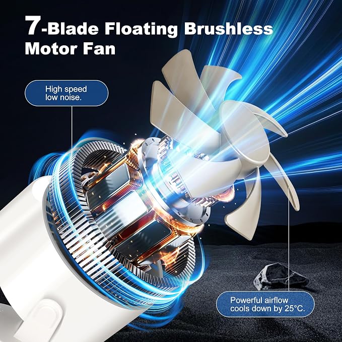 Clip On Rechargeable Fan with LED Light 100 Speed (Need Long Press), 720° Adjustment, Small Protable Desk Fan Quiet Clamp Base 12H Battery, 7 Blades for Dorm Bedroom Travel Camping - Image 5